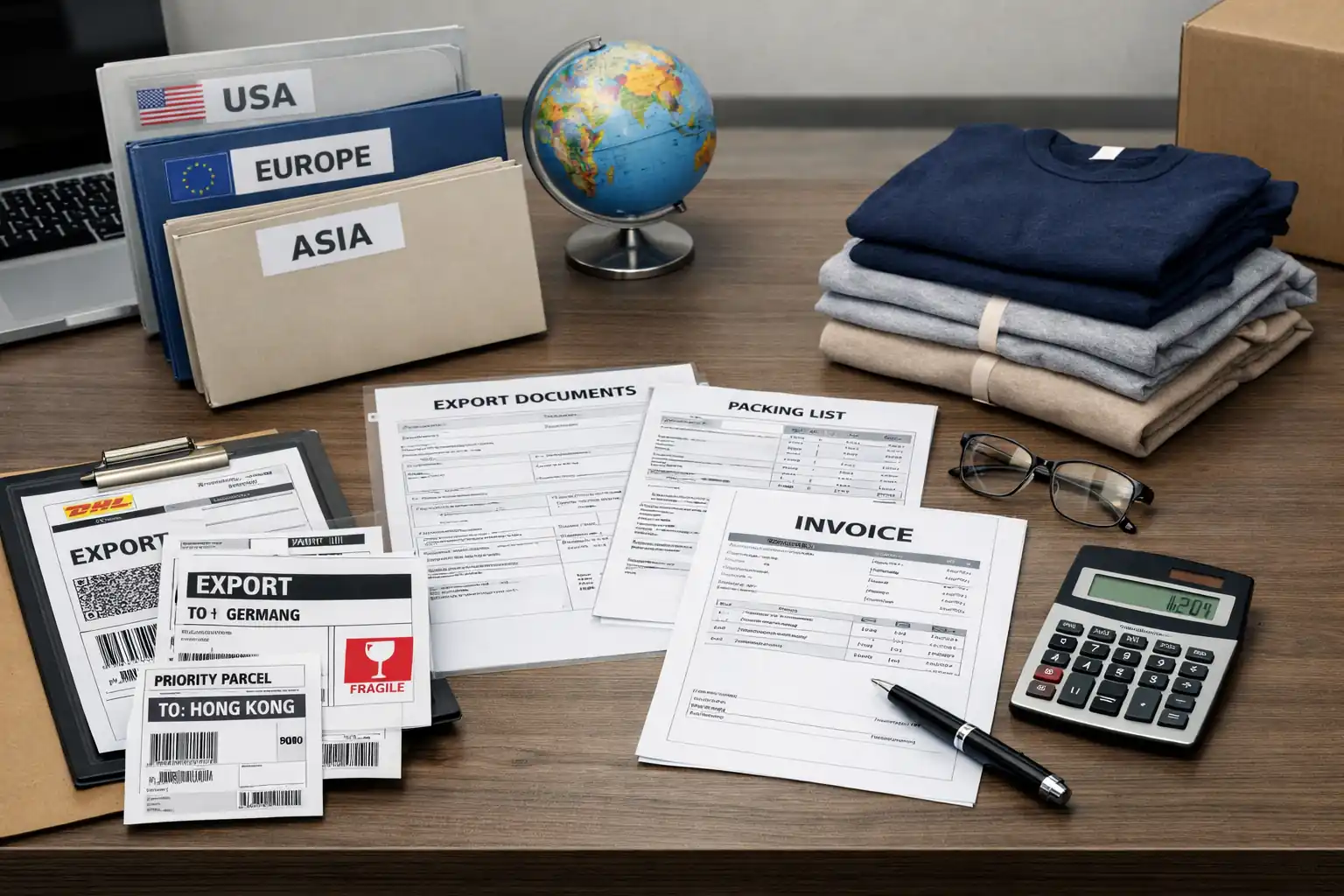 Buying office desk with export documents, garment samples, and production paperwork for international private label apparel manufacturing
