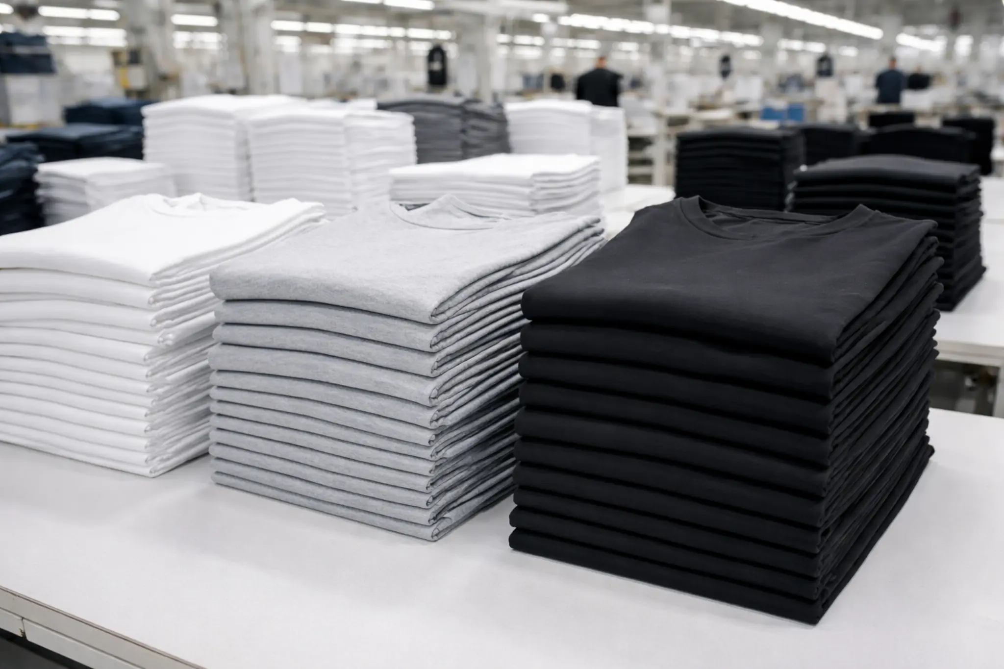 Garment factory production line with cotton polyester T-shirts being stitched, workers focused on quality, clean environment, export-quality manufacturing setup, realistic lighting