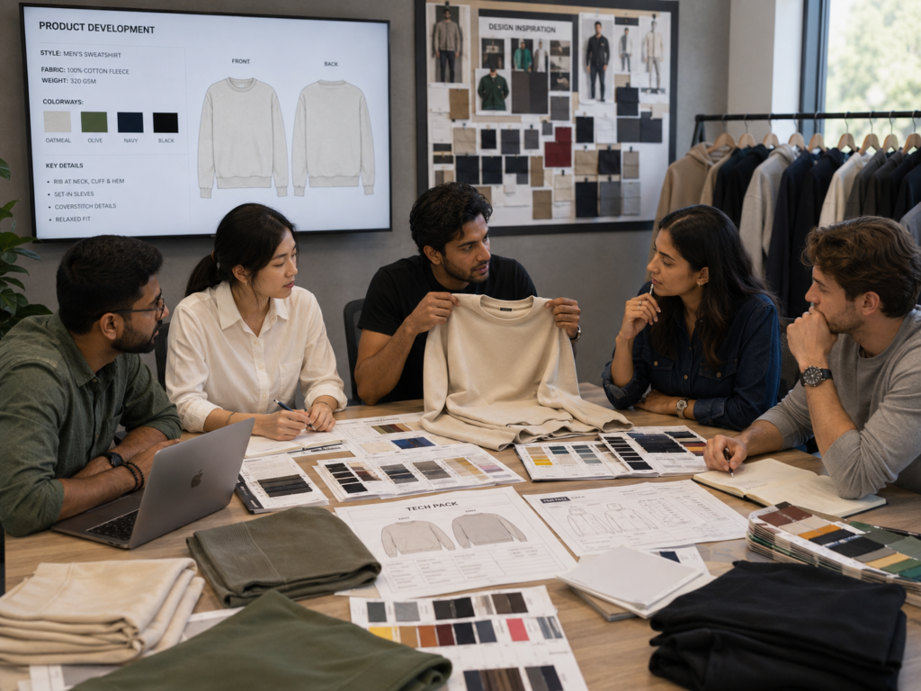 Apparel product development team reviewing tech packs, fabric swatches, and garment samples for private label apparel production.