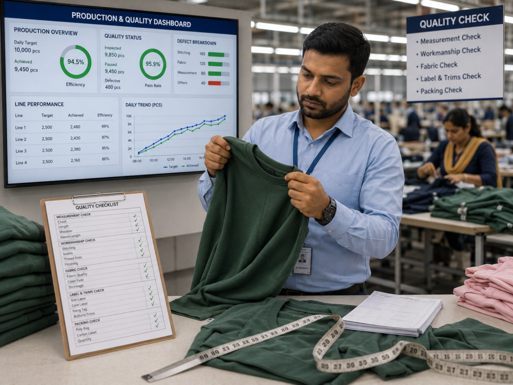 Quality control inspection of garments before export shipment for international apparel buyers.