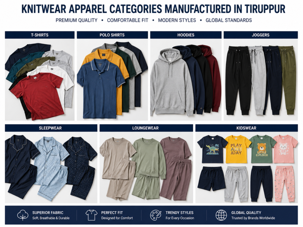 Multiple knitwear apparel categories manufactured in Tiruppur including T-shirts, polo shirts, hoodies, joggers, sleepwear, loungewear, and kidswear.
