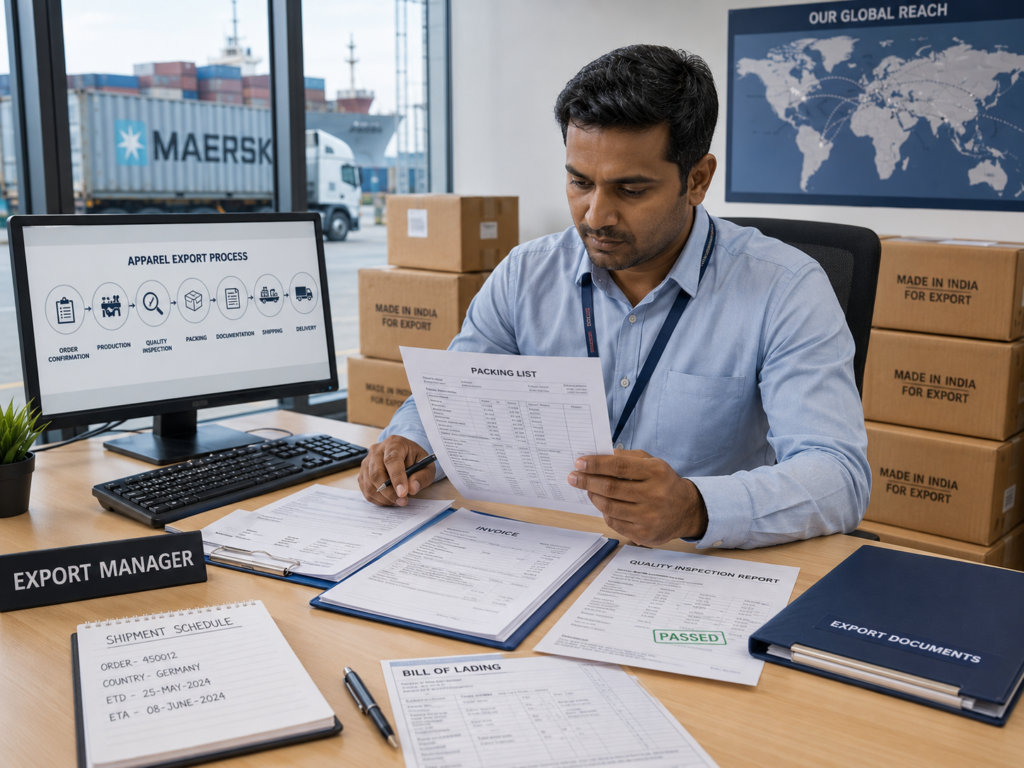 Export documentation and shipment coordination support for international apparel buyers sourcing from Tiruppur.