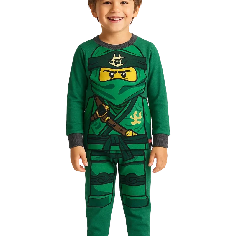 a boy in a green pajamas