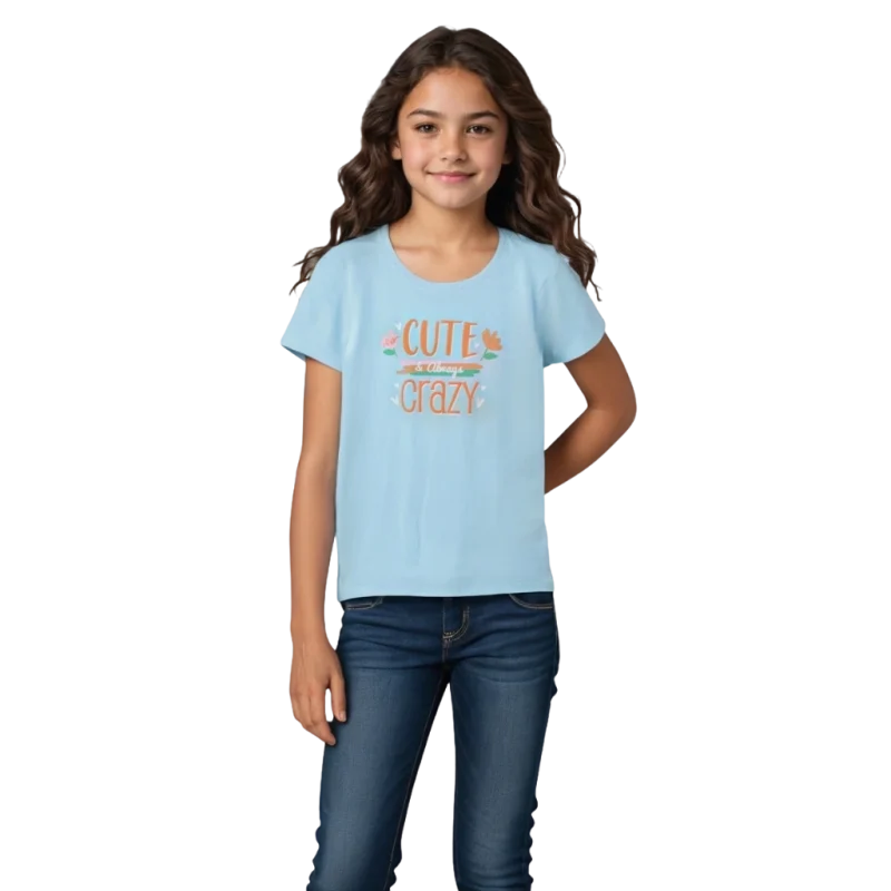 a girl standing in a blue shirt